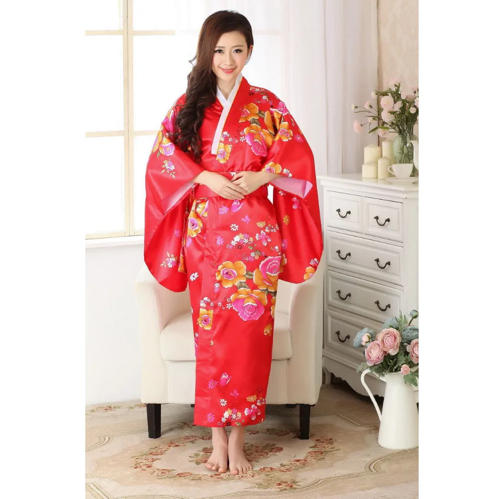 Красное женское сексуальное сатиновое кимоно Haori японское винтажное