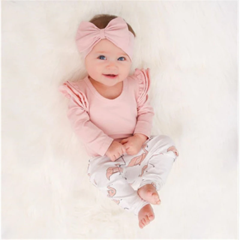 Одежда для новорожденных милая розовая одежда с оборками для маленьких девочек комплект из 3 предметов, комбинезон с длинными рукавами+ штаны+ повязка на голову, комплект одежды для малышей