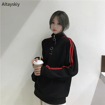 

Hoodies Women Striped Simple Loose Trendy Stand Collar All-match Korean Style Womens Zipper Pullover Hoodie Soft Sweatshirts New