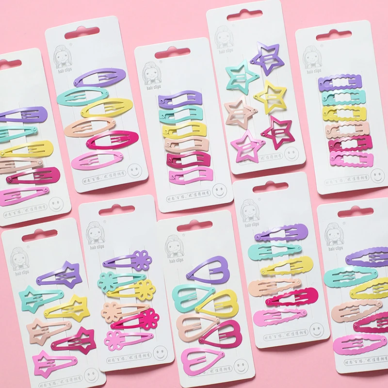 

6Pcs/Set Girls Hairpins Headwear Set Candy Color Paint Geometic Hairclips Heart Star Flower Hair Clip Barrette for Kids Headwear