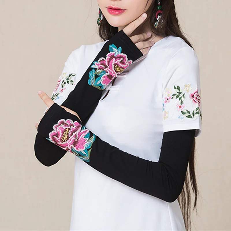 

YOCLLEA Autumn Winter Girl Gloves Fashion Embroidery Opera Gloves Women Arm Warmers Accessories Long Semi-finger Gloves