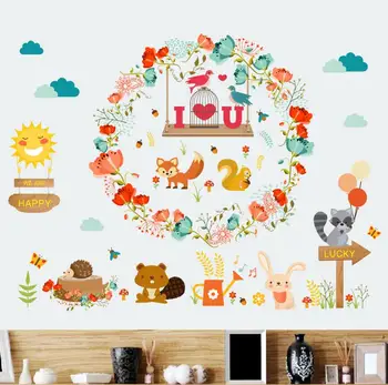 

Forest Jungle Wild Animals Squirrel Rabbit Bear Flower Floral wall stickers for kids room children nursery Window wall decal