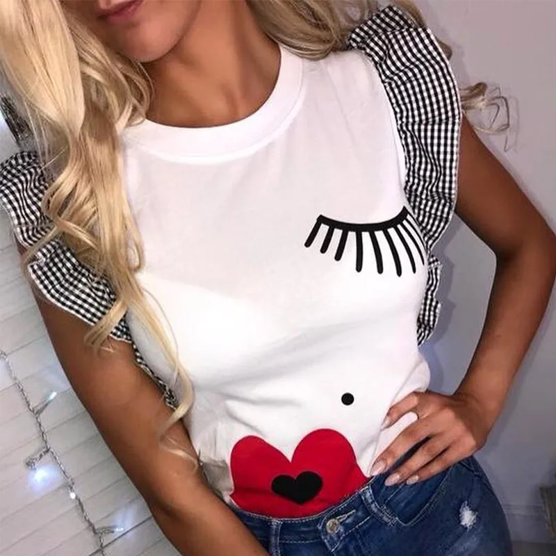 

Fashion Ruffle Sleeve Women's T Shirts Eyelashes Red lips Print T Shirt Clothes 2019 Summer Ladies Streetwear White Tee Tops