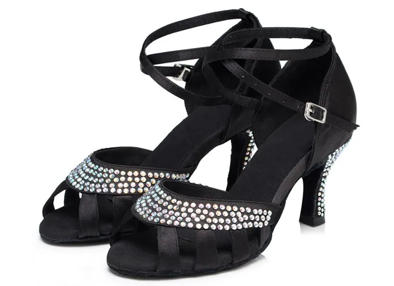 Dileechi Плоть черный атлас стразы женщин танцевальная обувь бальные танцы обувь кроссовки для женщин 7.5 см каблук