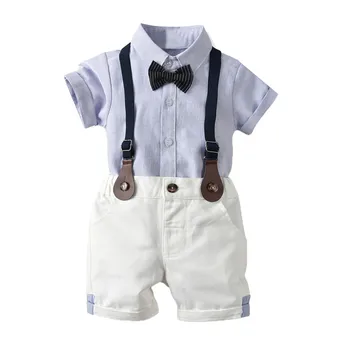 

Toddler Baby Boys hot Gentleman Bow Tie Striped T-Shirt Tops+Shorts Overalls Outfits