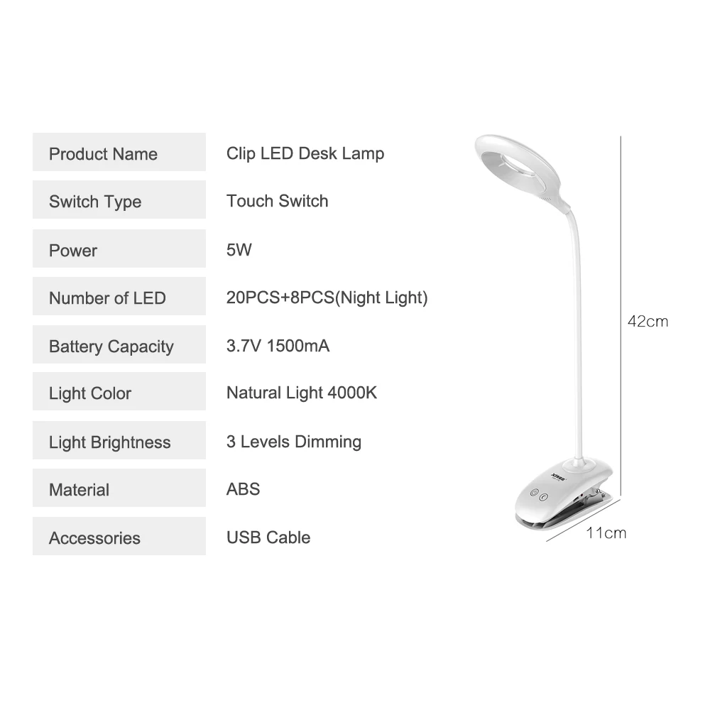 Клип светодиодный настольная лампа Перезаряжаемые гибкий светодиодный настольный лампа, Ночник свет сенсорный выключатель защита глаз