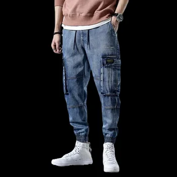 

Autumn Winter Fashion Men Jeans High Street Punk Style Jogger Pants Big Pocket Ankle Banded Cargo Pants Hip Hop Jeans Men