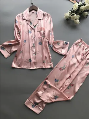 Daeyard весенние женские модные шелковые пижамные комплекты с цветочным принтом, блузка с длинными рукавами и штаны, мягкие пижамы, одежда для сна, милая домашняя одежда - Цвет: pink cherry
