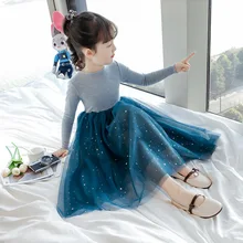 Весенне-осеннее платье для девочек с длинными рукавами, расшитое блестками, Vestidos, детское праздничное платье-пачка, модные сетчатые детские платья, RT398