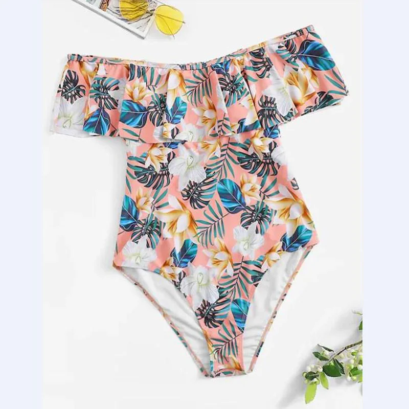 

A&J Floral Plus Size Flounce One Piece Swimsuit Off The Shoulder Sexy Swimwear Large Beach Bathing Suit Monokinis LW