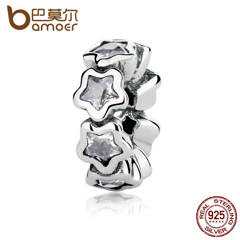 

BAMOER Authentic 925 Sterling Silver Starshine, Clear CZ STARS Spacers Charms fit DIY Bracelets Women Jewelry PAS325