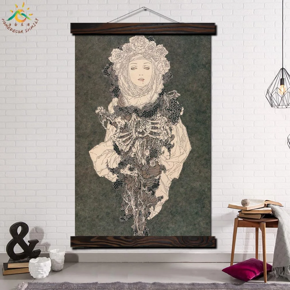 

Japan Art Rose Woman Framed Scroll Painting Modern Canvas Art Prints Poster Wall Painting Artwork Wall Art Picture Home Decor