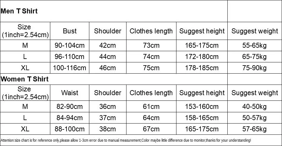 T shirt size 01