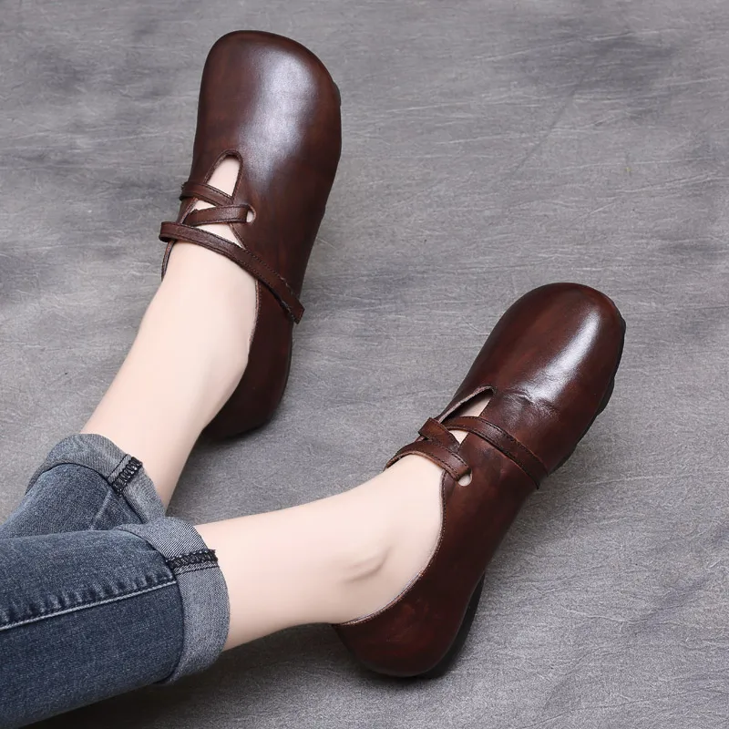 

Women Flats Genuine Leather Casual Shoes Ladies Square Toe Coffee Leather Loafers Women Handmade Lazy Shoes Low Heels 2019 Flat