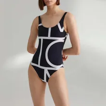 Спортивный Купальный костюм с принтом, с отрицательной монограммой, с глубоким вырезом сзади, с высокой посадкой, цельный летний женский купальник 2019ss