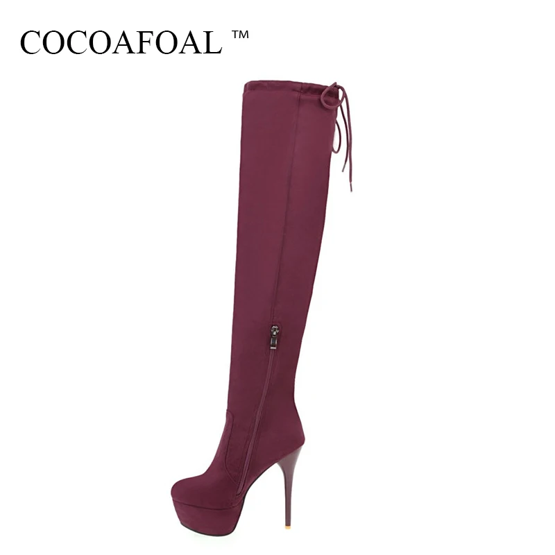 

COCOAFOAL Women's Black Flock Thigh High Boots Sexy Winter Woman Red High Heel Shoes Fashion Round Toe Over The Knee Boots 2018