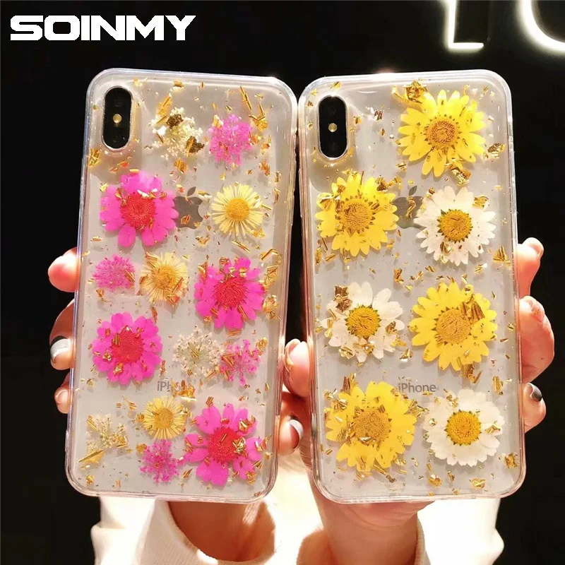 

Glitter Case For iphone xs xr x 6 6s 7 8 plus Dried Real Flowers Transparent fundas for iphone xs max case Silicone Soft Cover