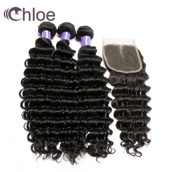 

Chloe Peruvian Deep Wave Peruvian Hair Bundles with Lace Closure 3 Bundles Remy Hair Weaves With Free Middle Three Part Closure