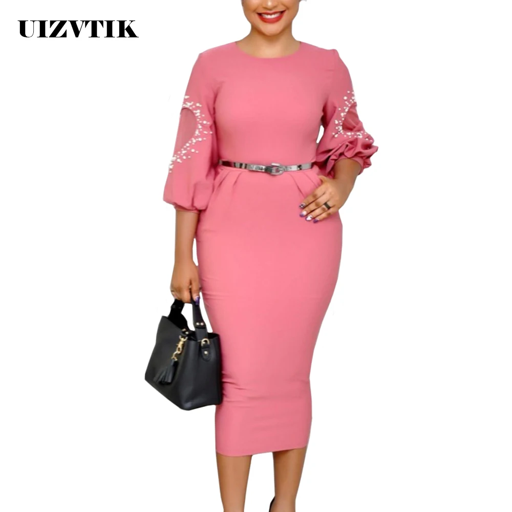 

Summer Autumn Dress Women 2019 Casual Slim Mesh Pearl Office Bodycon Dresses Fashion Elegant Vintage Sexy Split Long Party Dress