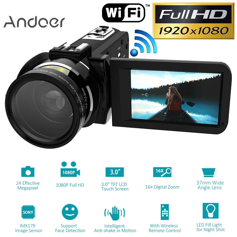 

Andoer HDV-Z20 Digital Video Camera Portable 1080P Full HD w/Lens Max 24 Mega Pixels 16x Zoom Remote Control Support WiFi