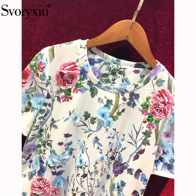 Kopen Svoryxiu 2019 Zomer Elegante Bloemenprint Katoen Tops Tees vrouwen Mode Diamant Applicaties Big Size T Shirts Vrouwelijke