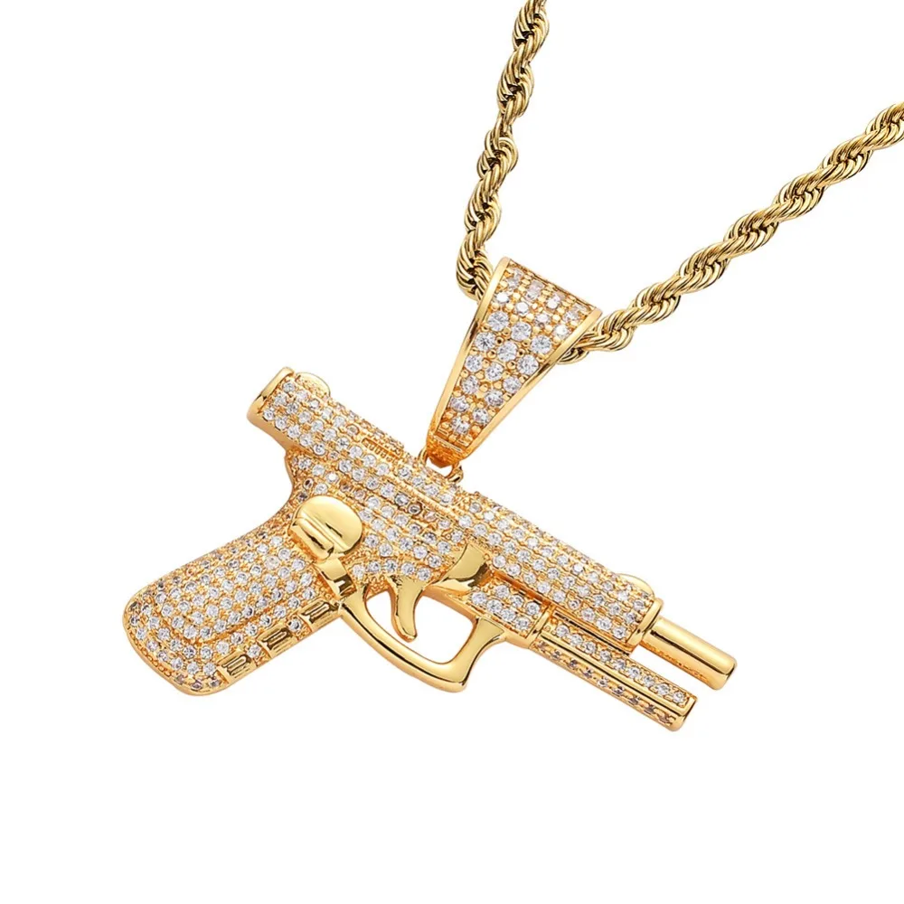 Микро проложили AAA кубического циркония Bling Iced Out автоматический пистолет кулоны с оружием ожерелье для мужчин хип хоп рэппер ювелирные изделия золото серебро