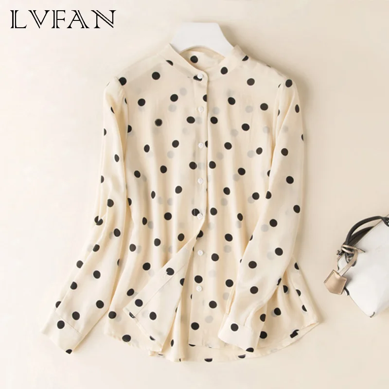 

New silk temperam comfortable fashionable button down shirt for women blouse female Straight type Wave Dot Shirt Soft silk dress