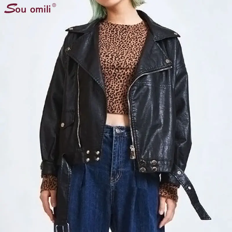 

Boyfriend Loose Leather Jacket Women Oversized Black Jacket Moto jaquetas couro Casaco chaquetas Jacket Chain Punk