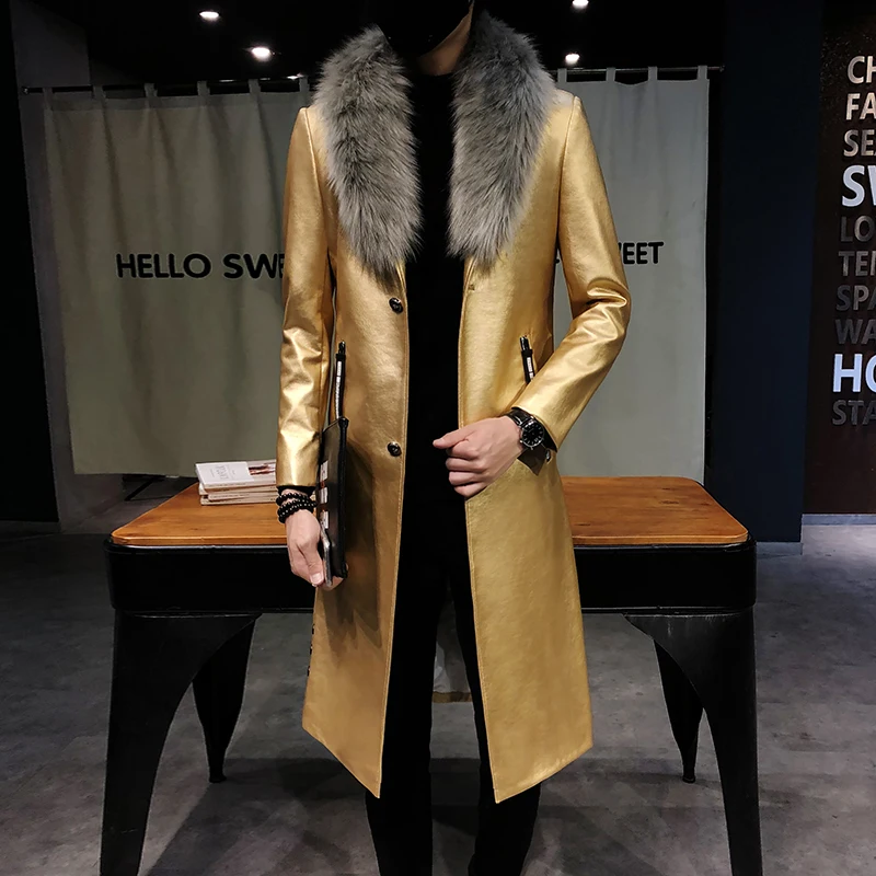 2021 Mens Black Leather Trench Coats Big Fur Collar Long Men 2021 Mens Black Leather Trench Coats Big Fur Collar Long Men