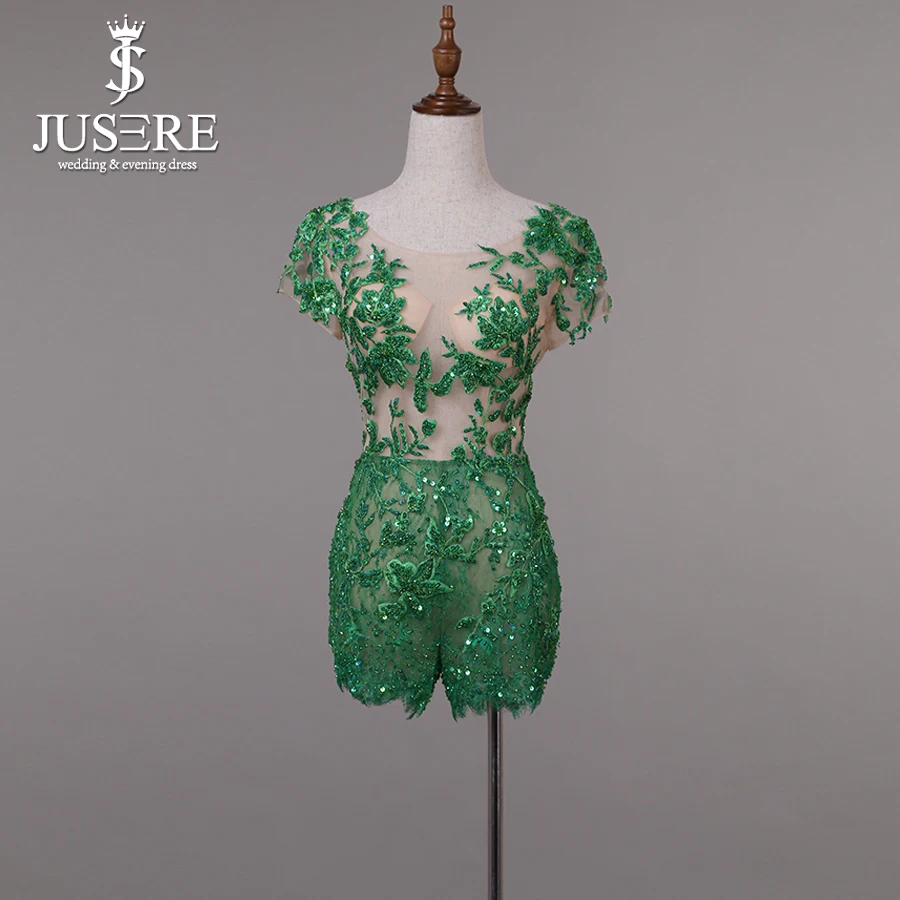 

JUSERE Customize Short Sleeves Embroidery Lace Beading Shorts Mini Length Open V Back Green Short Prom Dress 2018