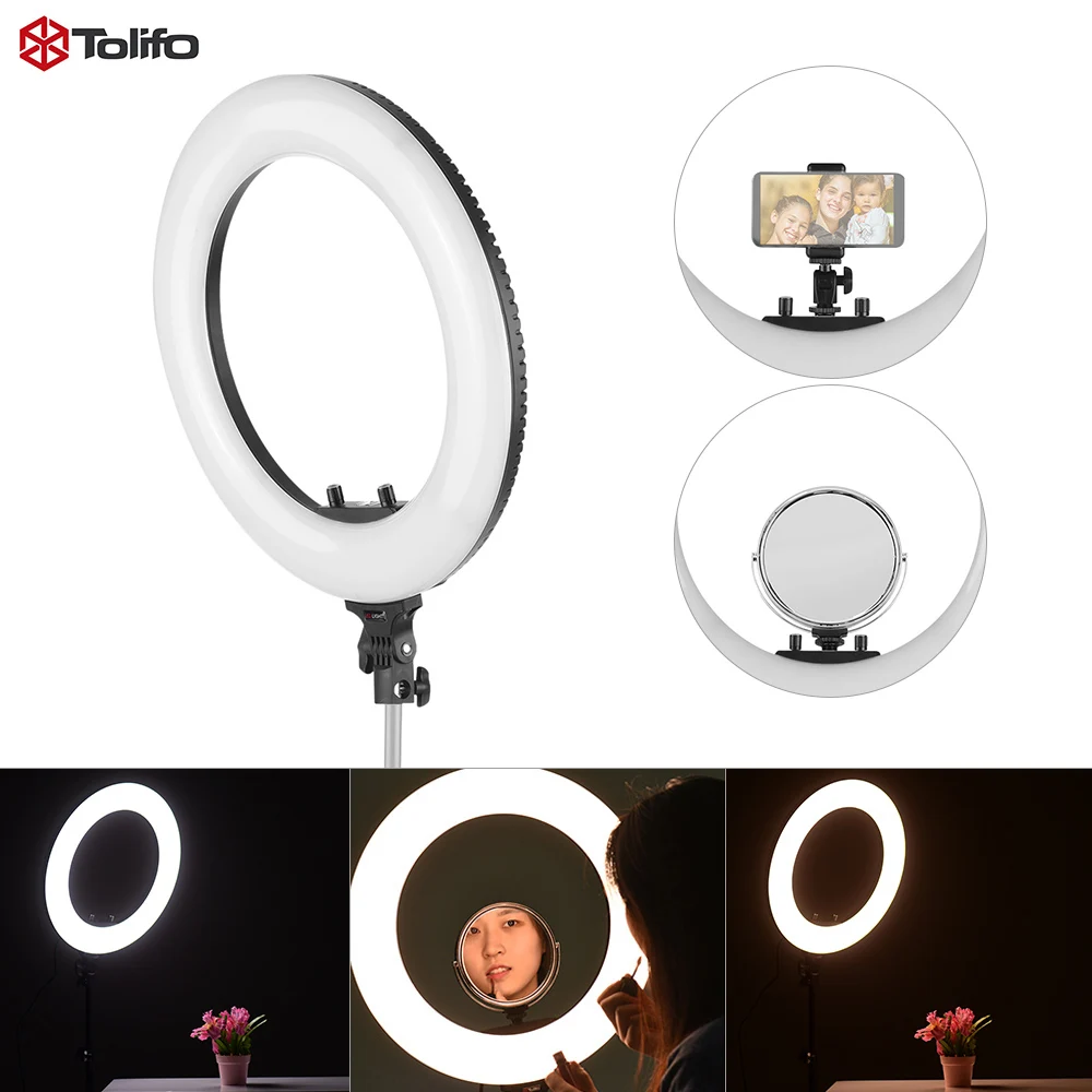 

Tolifo R-48B Lite 18" 48W 3200-5600K LED Video Ring Light Studio Photography Lamp with Make-up Mirror Phone Holder Carrying Bag