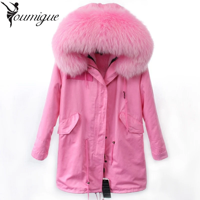 YOUMIGUE 2017 Winter New Women Army Green Parka Jacket Coats Thick Real Raccoon Fur Collar Hooded Fur Lining Long Version coat