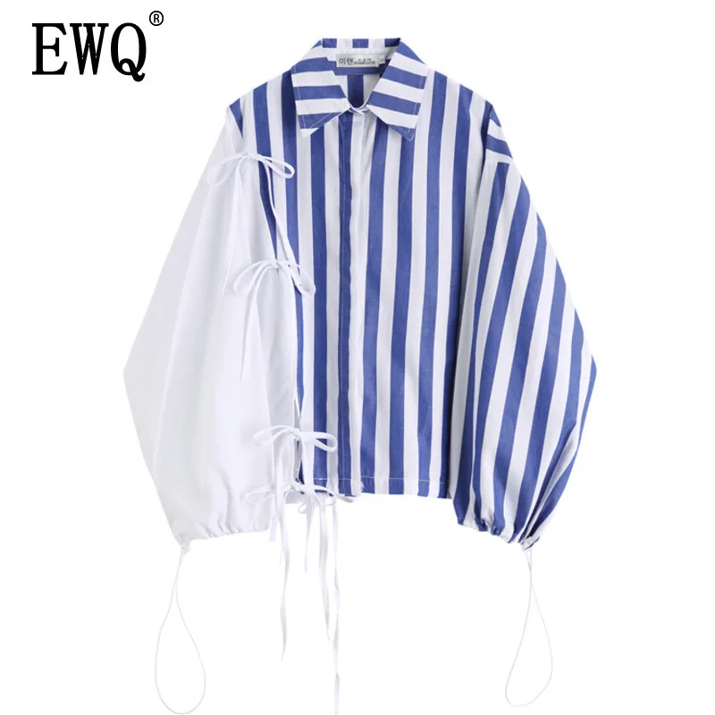 

[EWQ] 2019 Spring Summer New Pattern Turn Down Collar Long Sleeve Hit Colors Striped Shirt Bohemian Lace Up Blouse Women AG751