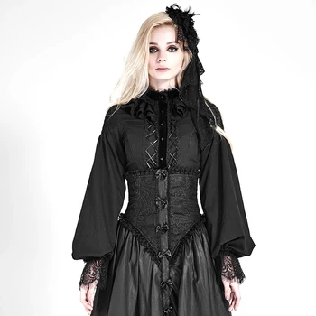 

Lolita Black Lace Tight- Fitting Puff Sleeves Chiffon Blouse Corset Blouse Single Button Lace Bandage Shirts Gothic Party Coat