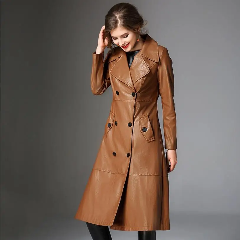 Tranchée Nouveau Automne Femelle Cuir L1223 Coupe Mince Haut vent Femmes Longue Veste Pu Élégant 2018 De Outerwears Manteau Green Black army Mode caramel En Gamme Zqw5xxdUF