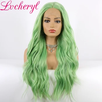 

Lvcheryl Real Natural Synthetic Lace Front Wigs Light Green Natural Wave Cosplay Drag Queen Party Wig Heat Resistant Fiber Hair
