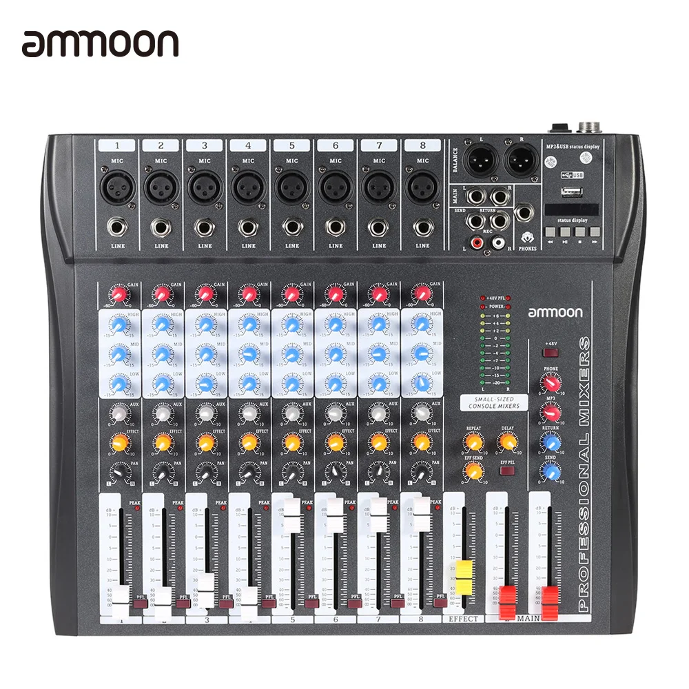 Ammoon CT80S-USB 8-канальный сетевой видеорегистратор цифровая линия для микрофона смешивание звука микшерный пульт с 48В Мощность для Запись DJ музыки
