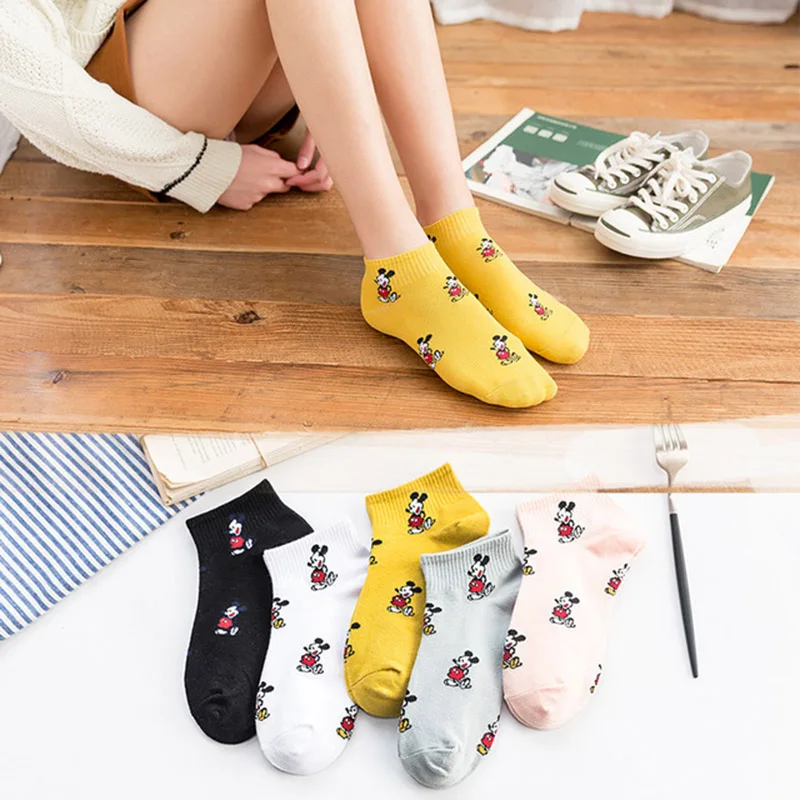 

5pair Five colors cute women Mickey socks Head Print lattice smile mickey black Cartoon white Socks Breathable Harajuku Meias