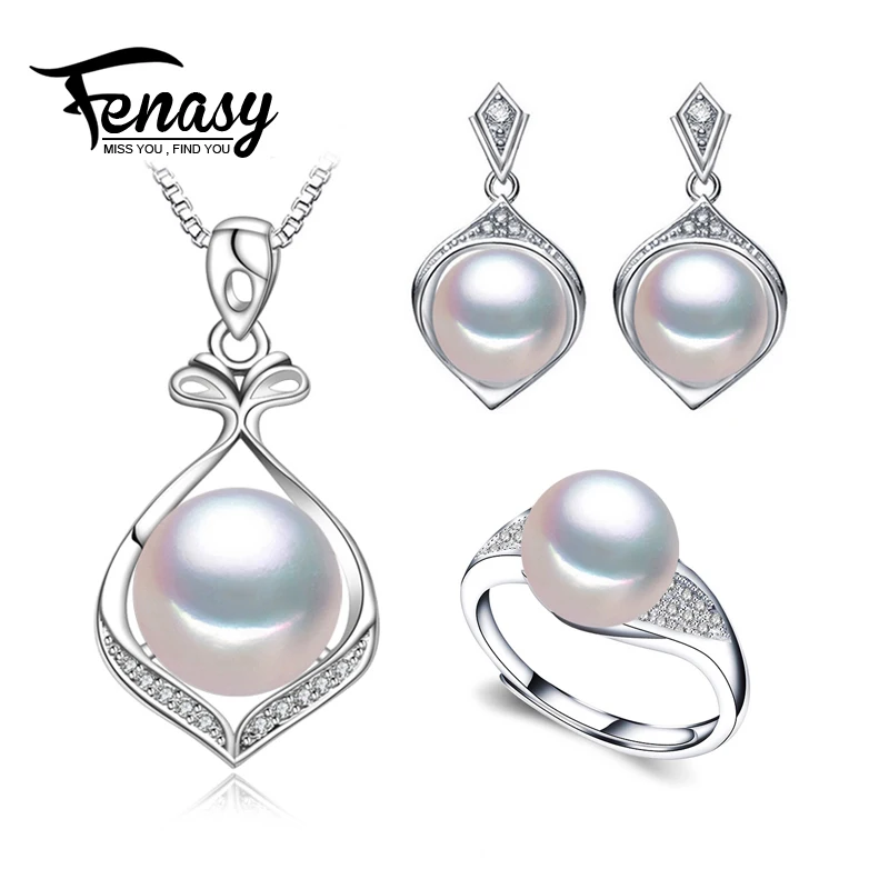 

FENASY Pearl Jewelry wedding engagement jewelry sets Natural Pearl pendant Necklace women/big earrings,party earrings female