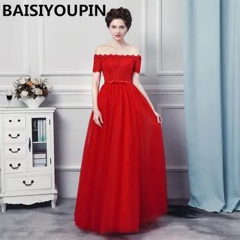 

Floor Length Evening Dresses Vestido Longo Vermelho 2020 Boat Neck Cheap Red Tulle Prom Long Dresses