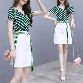 

Striped Stylish Summer New Top And Skirt 2 Piece Set Women Year-old Female Costume Ensemble Femme Survetement Conjunto Feminino