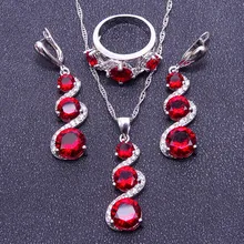 Круглый длинные красные Камни Белый Циркон 925 Серебряные комплекты ювелирных изделий для Для женщин Щепка Серьги/Подвеска/Цепочки и ожерелья/Кольца бесплатный подарок коробка