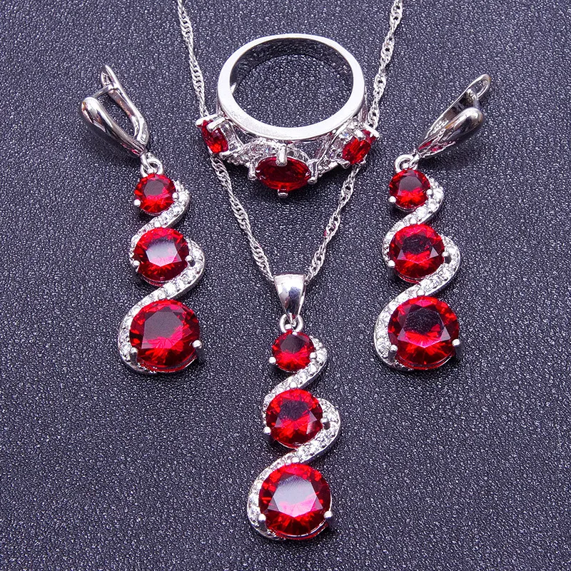 

Round Long Red Stones White Zircon 925 Silver Jewelry Sets For Women Sliver Earrings/Pendant/Necklace/Rings Free Gift Box