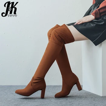 

JK Winter Stretch High Heels Woman Boots Pointed Toe Flock Footwear Over The Knee Female Boots Shoes Woman 2018 Plus Size 34-48