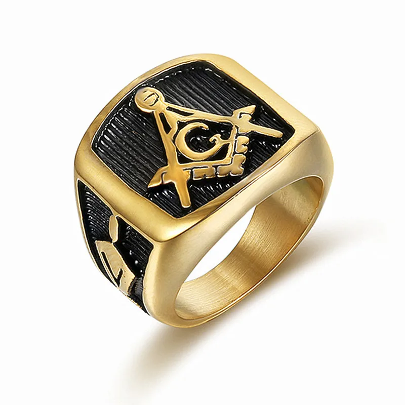 UJBOX Retro Gold & Black Masonic Rings Stainless Steel Freemason G ...