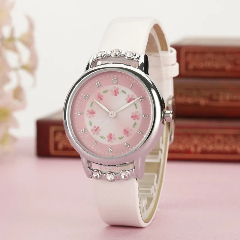

Fashion Children Kids Girls Watch Rhinestone Flower PU Leather Strap Wristwatch Student Cartoon Quartz Watches H9