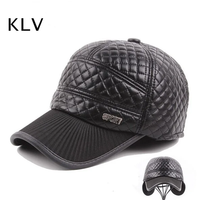 KLV Luxury Brand Winter Hats For Men 2017 Pu Leather Baseball Cap For