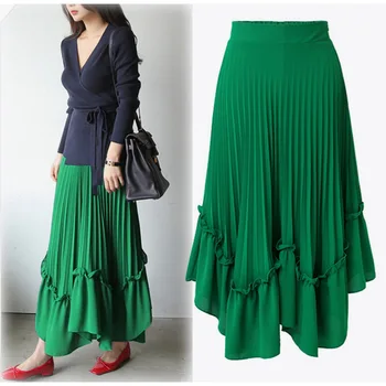 

Chiffon Ruffled Pleated A-line Women's Long Skirt Summer High Waist Patchwork Black Skirts Womens 2020 New Fashion Beach Clothes