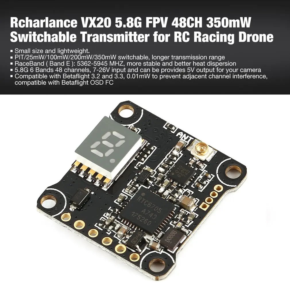 

Rcharlance RC VX20 FPV 5.8G 48CH 25mW/100mW/200mW/350mW Switchable Transmitter with BEC for RC Racing Quadcopter Drone