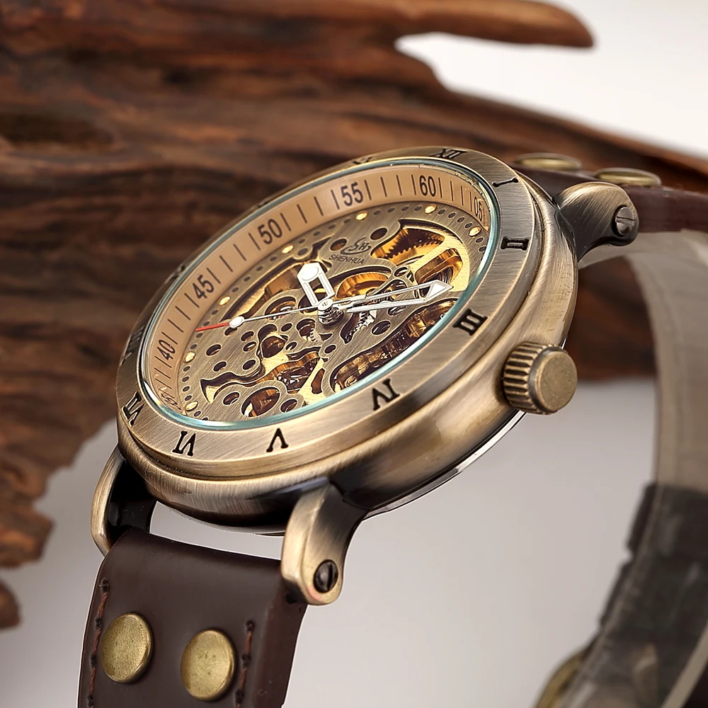 SHENHUA reloj mecanico часы скелета мужские бронзовые механические Автоматические